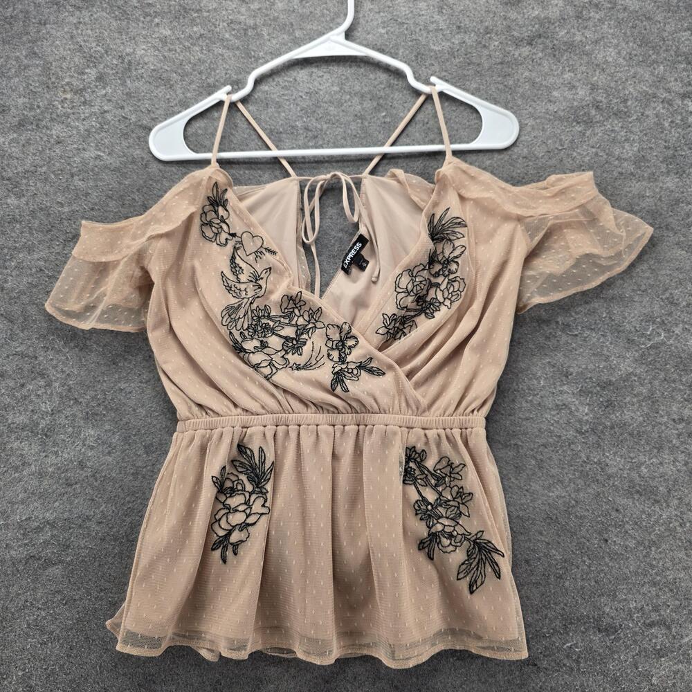 Express Blouse Camisole Womens M Beige Cold Shoulder V-Neck Embroidered Ruffle